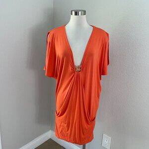 Trina Turk Womens Large Orange Plunge V Neck Dress Gold Butterfly Accent Stretch